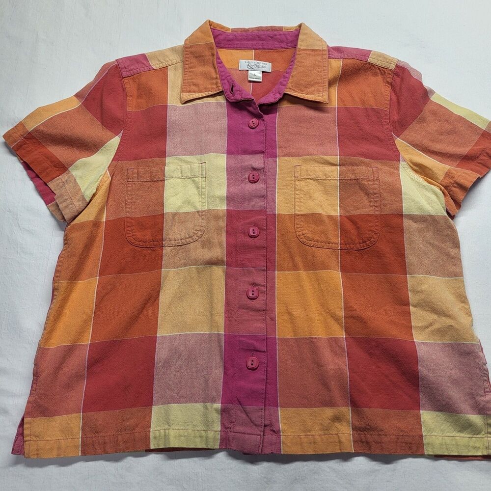 Christopher & Banks Womens Checked Plaid Cotton Button Up Shirt Size LG Orange